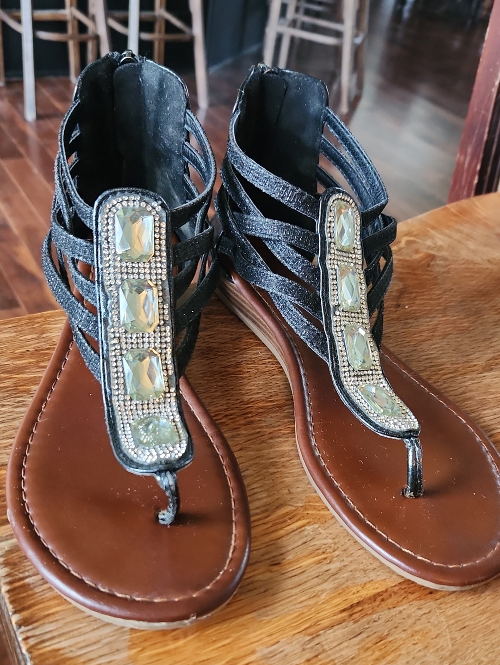 Sz 7.5 Black Embellished Gladiator Sandals Rhinestones Strappy‎